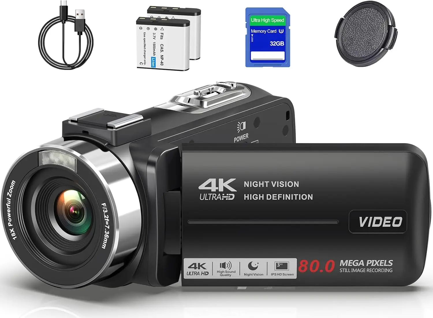 

4K Ultra HD камера для видеоблогинга 80 МП с 18-кратным зумом, ночным видением, 3,0-дюймовым IPS-экраном и аксессуарами