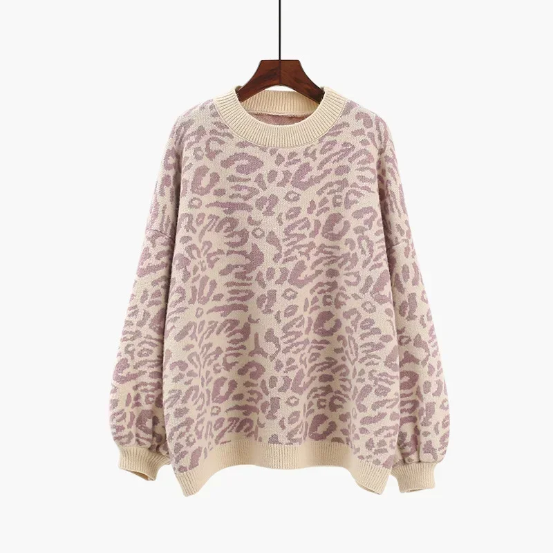 Maglione da donna di nuova moda autunno e inverno lavorato a maglia allentato leopardo girocollo pullover manica lunga lanterna maglione di alta qualità