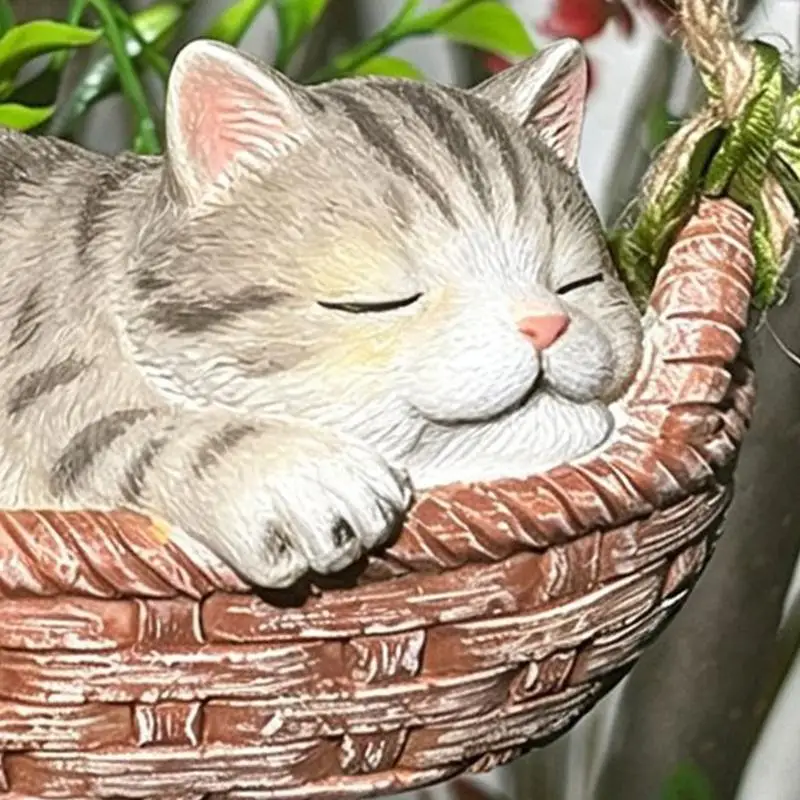 Hanging Basket Kitten Figurine Resin Resting Figure for Garden, Balcony, or Shelf Display, Outdoor Ornaments Basket-Texture B03E