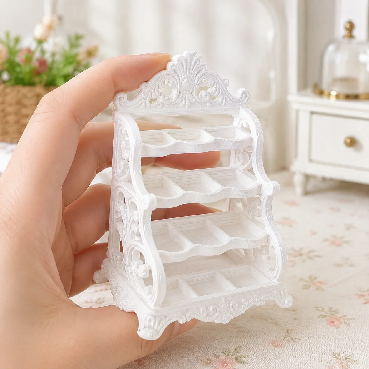 Miniature carved shelves, four-layer compartmentalized storage rack, dollhouse entrance furniture decorative accessories. view 3