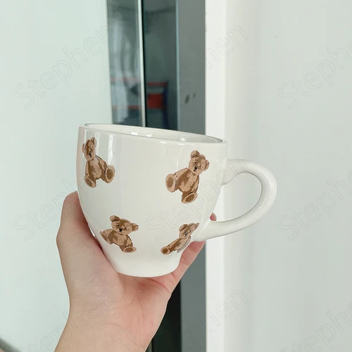 Korean Modern Ins Mugs Coffee Cups Solid Color Cartoon Teddy Bear Ceramic Bread Milk Cup Coffee Table Desktop Drinking Utensils