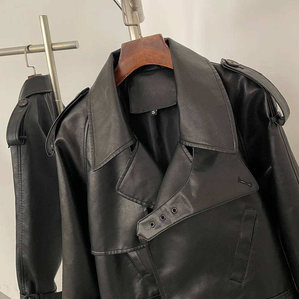 Otoño nueva chaqueta de piel sintética para mujer cuello vuelto con cinturón abrigo moda americana Vintage Moto Biker chaquetas de PU