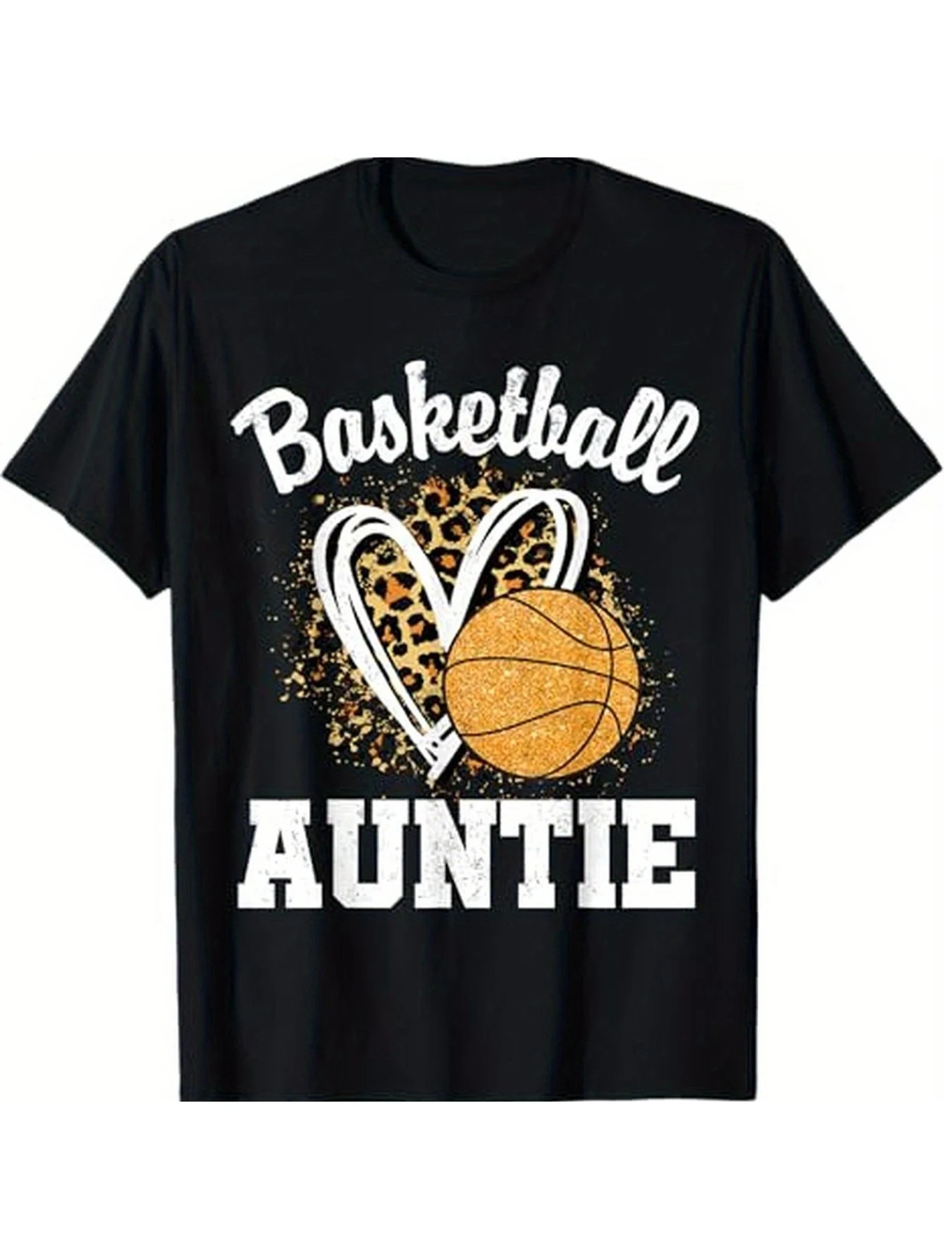 

Basketball Heart Leopard Basketball Auntie Men and women short sleeve T-shirt black round neck