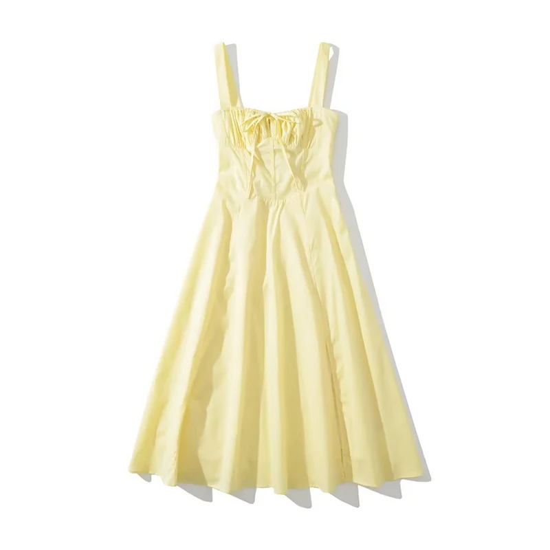 Sexy Sling Summer Dress 2023 Women Front Slit Back Lace Up Bandage Yellow Dresses