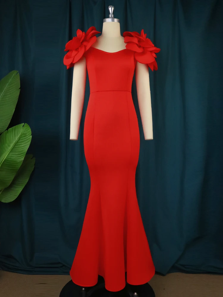Women Evening Gown Red Purple Formal Mermaid Party Dress Elegant Big Flower Sleeveless Floor Even Dress Celebrate Occasion Robes