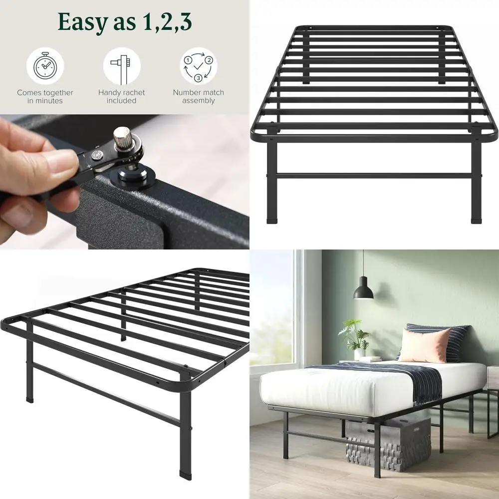 

Металлическая кровать размера Twin Size 14 с быстрой сборкой, не требует пружинного блока, прочная стальная конструкция, экологически чистая, черная.