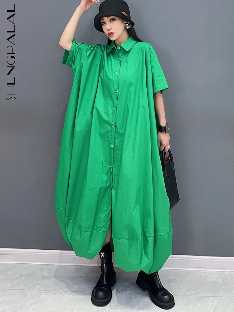 

SHENGPALAE 2024 Summer New Dress For Women Short Sleeve Split Loose Fashion Casual Green Skirt Robe Female Y2k Clothes 5C1009