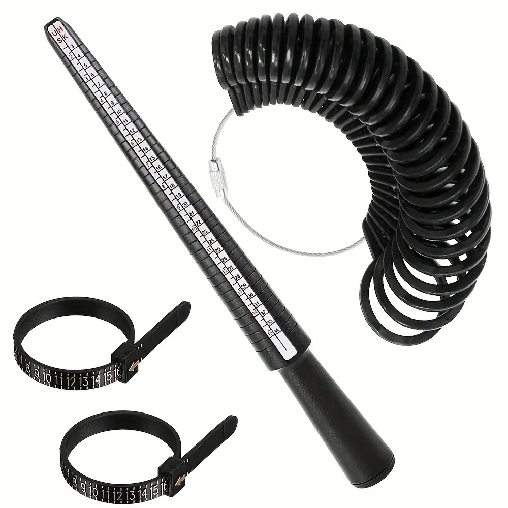 

Регулируемый пластиковый измеритель размера кольца: набор для легкого определения размера пальца (US 2-15/HK 3-34), черный, с измерительной линейкой и кольцом-размерником