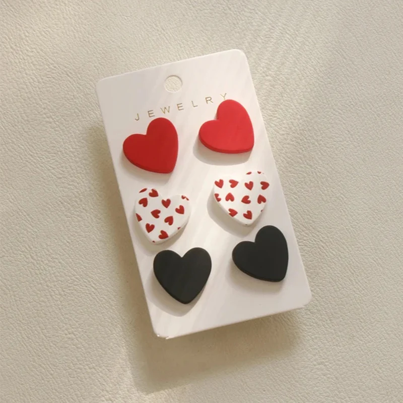 3 Pair Heart Shape Dot Print Women Earrings Trio Pink Black Red Color Heart Lovely Cute Girls Earring Set Sweet Gift Jewelry Set