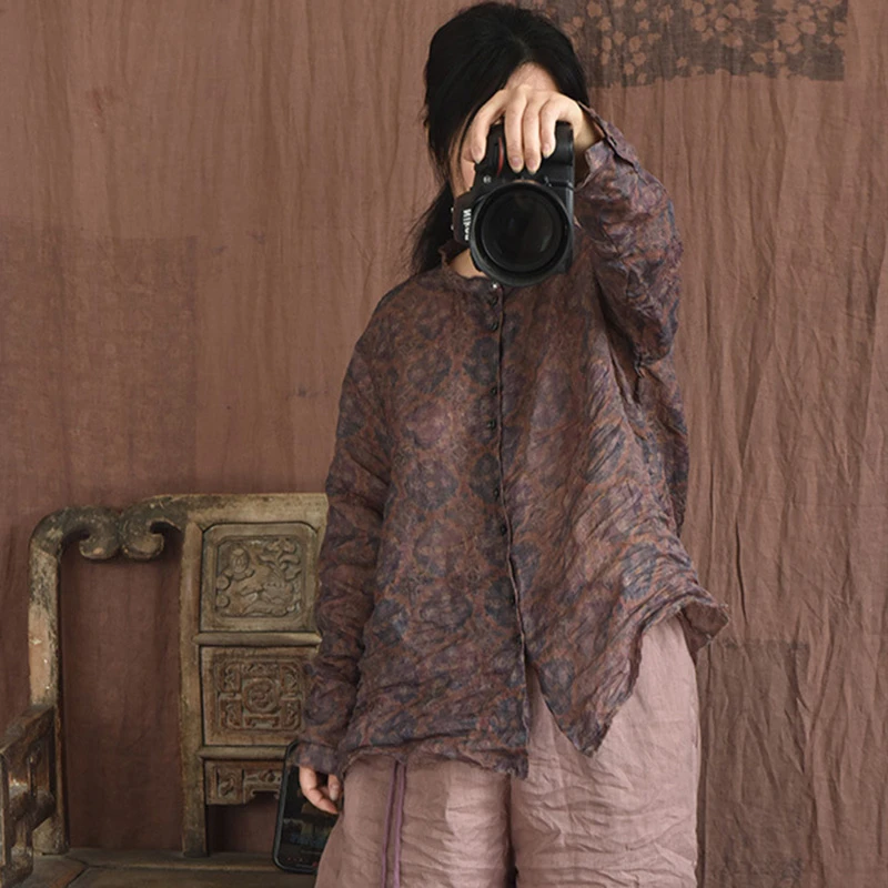 

100% Linen Women Long Sleeve Casual Shirt New Arrival 2025 Spring Vintage Style Floral Print Loose Female Tops Shirts T454