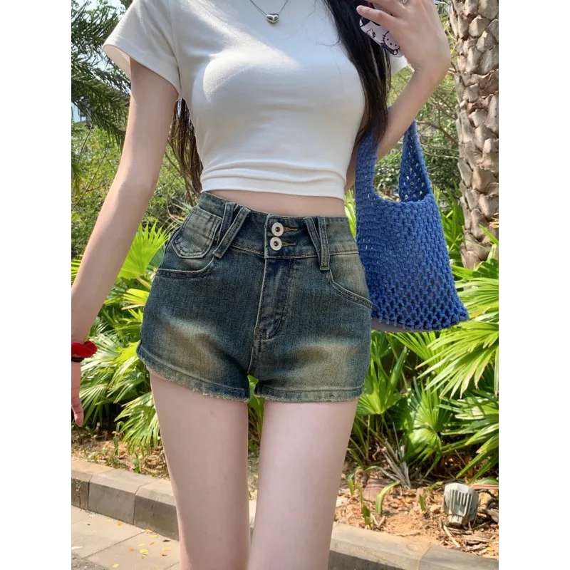 

Blue Raw Edge Denim Shorts, High Waisted Straight Leg Pants, Tight Fitting Casual Hot Pants y2k