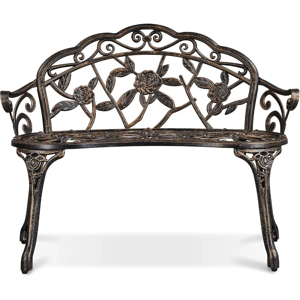 

Outdoor Garden Bench Patio Park Bench, Aluminum Floral Rose Accented Antique Metal Bench Loveseat, Outdoor Yard Furniture