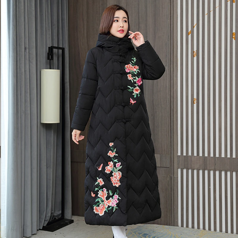 Vintage Patchwork Printed Long Coats Women Elegant Lapel Long Sleeves Warm Jackets 2024 Winter Lady Outwear thick coat