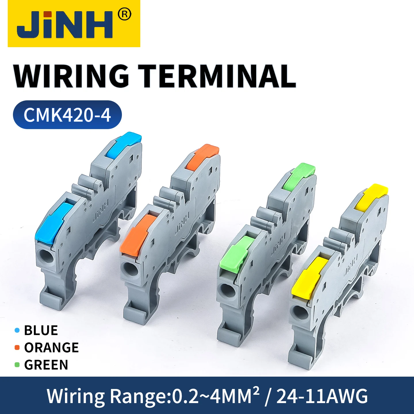 JINH 4-Color Lever Lock DIN Rail Connector, 0.2-6mm², 450V 32A, Aluminum Guide Rail & Connection Bar Included