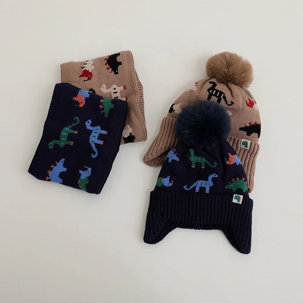 Doitbest Winter Boy Girl Warm Beanies Child Scarf Hat Set Fur Ball Little Dinosaur Baby Kids knit Acrylic Scarves Hats