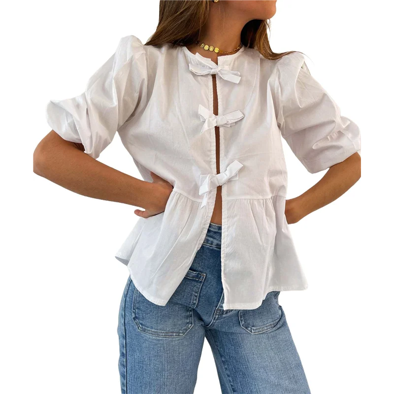 FX-Women Y2K Peplum بلايز نفخة قصيرة الأكمام ربط بلوزة قميص الصيف الخروج لطيف بيبي دول #5