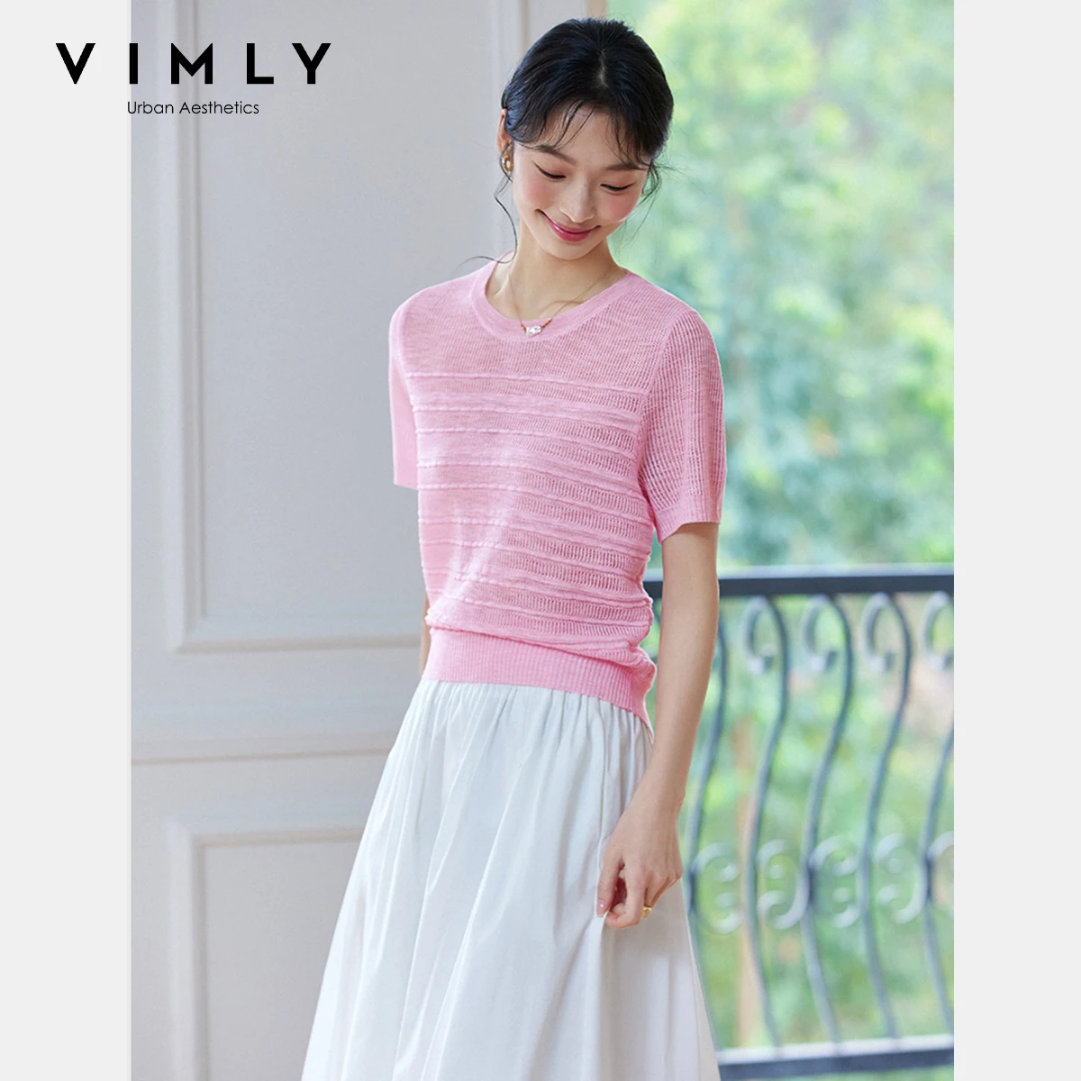 VIMLY Solid Knitted Pullovers Elegant 2025 Summer Women's Casual Hollow Out Crew Neck Loose pulls femmes Ladies Clothes 73986