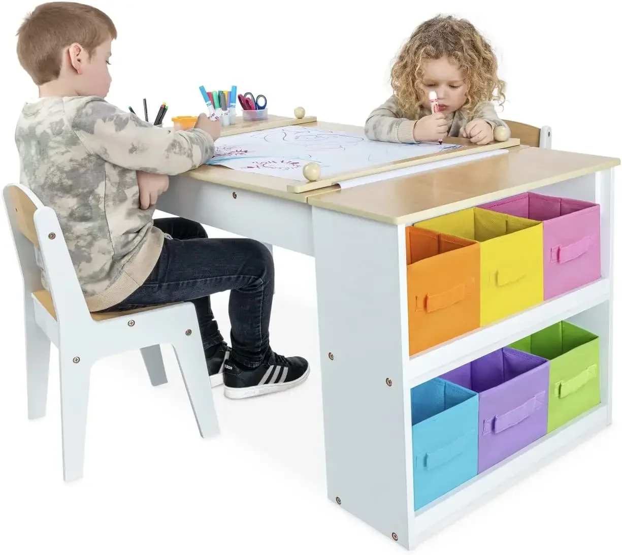مجموعة طاولة وكرسي فني للأطفال 2 في 1 وحامل فني، طاولة أنشطة خشبية للأطفال الصغار مع صناديق تخزين ورق
