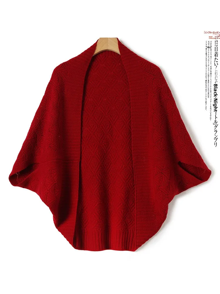 

Fashionable Hollow out 100% Pure Wool Shoulder Wrap Women's Outerwear Cowl Neck Sleeveless Knitted Cardigan Batwing Sleeve Coat