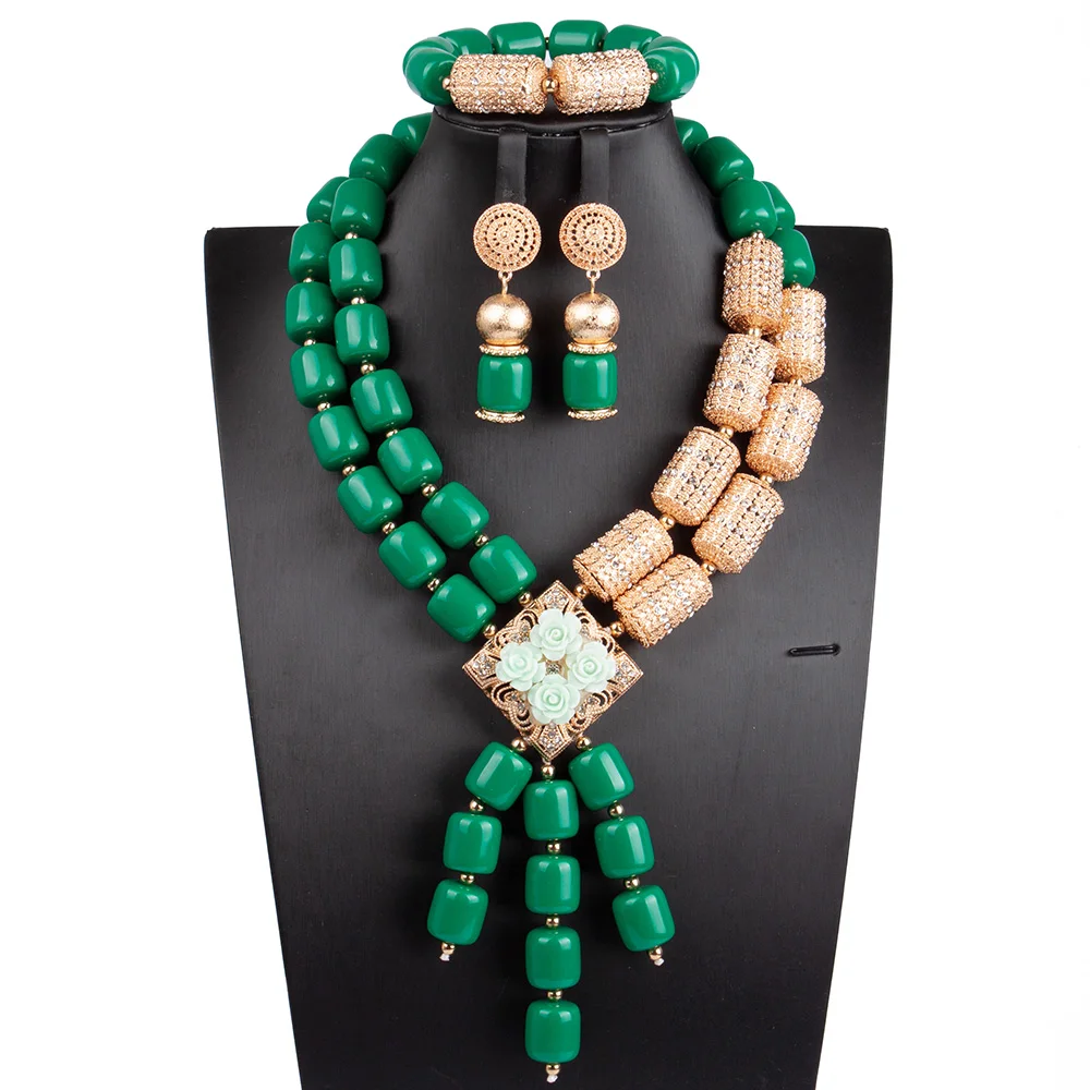 Green Nigerian 2 Layers Flower Necklace Imitation Coral Jewelry Set for Women Plastic Beads African Wedding Necklace ABG200