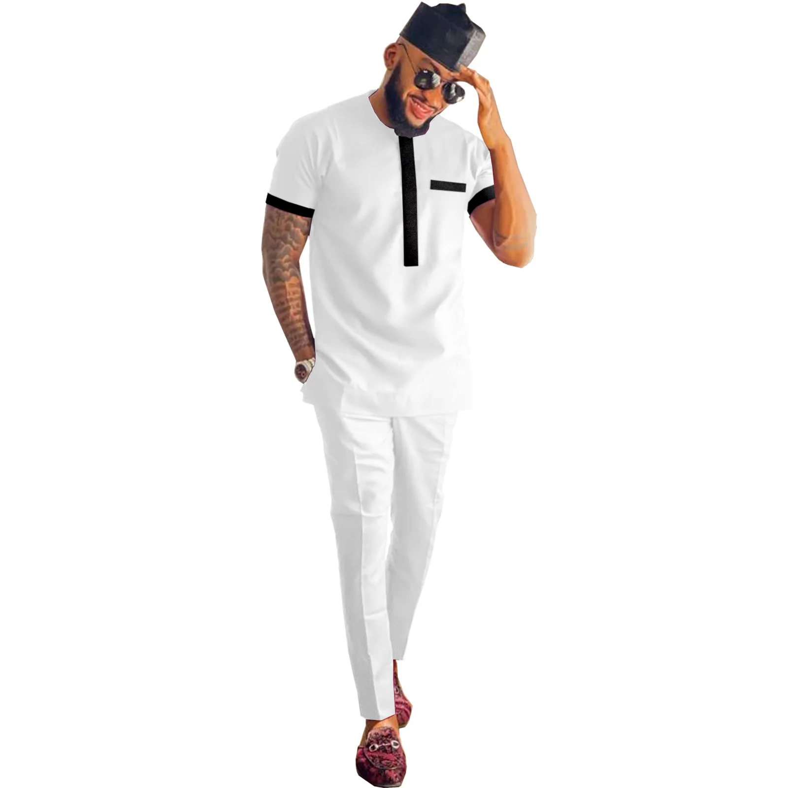 Men's African Dashiki Suit Splice Velvet Clothing Short Sleeve Shirt And Pant 2 Piece Set Traditional Fashion Attire