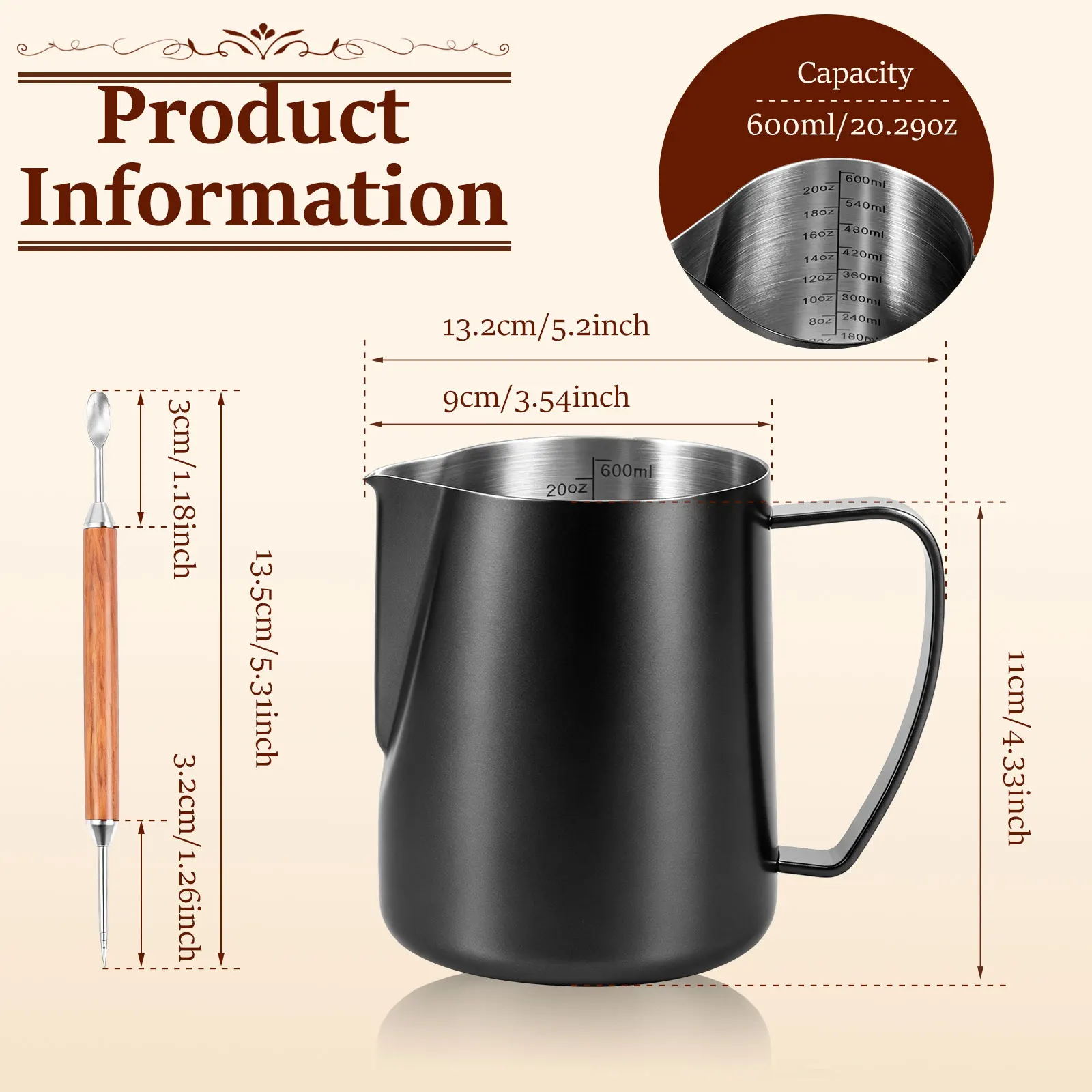 600ml Stainless Steel Milk Frothing Jug Espresso Milk Frothing Pitcher Latte Frothing Art Pitcher Mug Cup Barista Latte Art Tool view 2