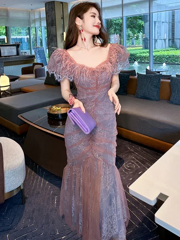 Birthday Party Dress Women's Celebrity Sheer Mesh Lace Embroidery Bubble Sleeve Folds Wrap Hip Fishtail Robe Host Runway Vestido