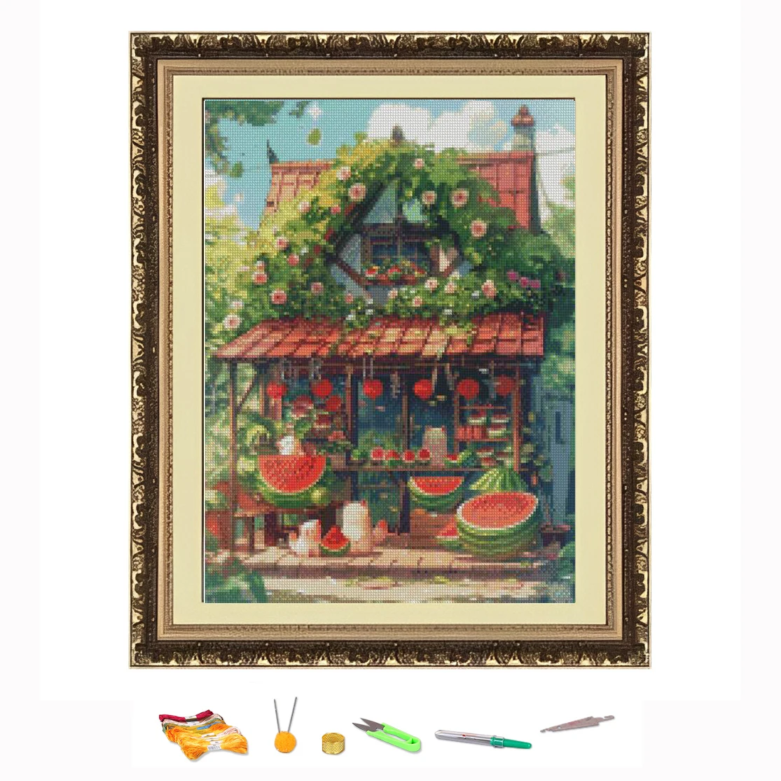 Zestawy do haftu krzyżykowego Cartoon Building Cat And Watermelon Thread DIY Needlework liczone drukowane na płótnie 11CT Dekoracja