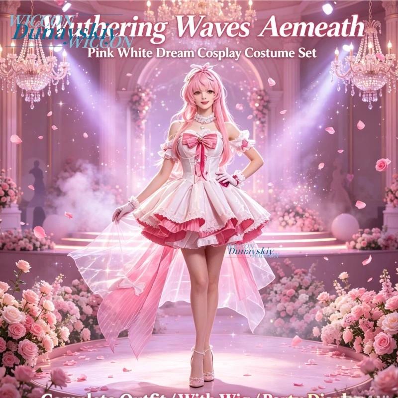 

Wuthering Waves Aemeath Pink White Dream Cosplay Costume Set Bow Heart Decor With Wig Women Halloween Party Stage Outfit