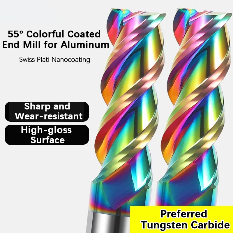 1pcs 55° Color-coated Tungsten Carbide Flat End Mill for Aluminum, Extended 3-flute CNC Carbide Cutting Tool