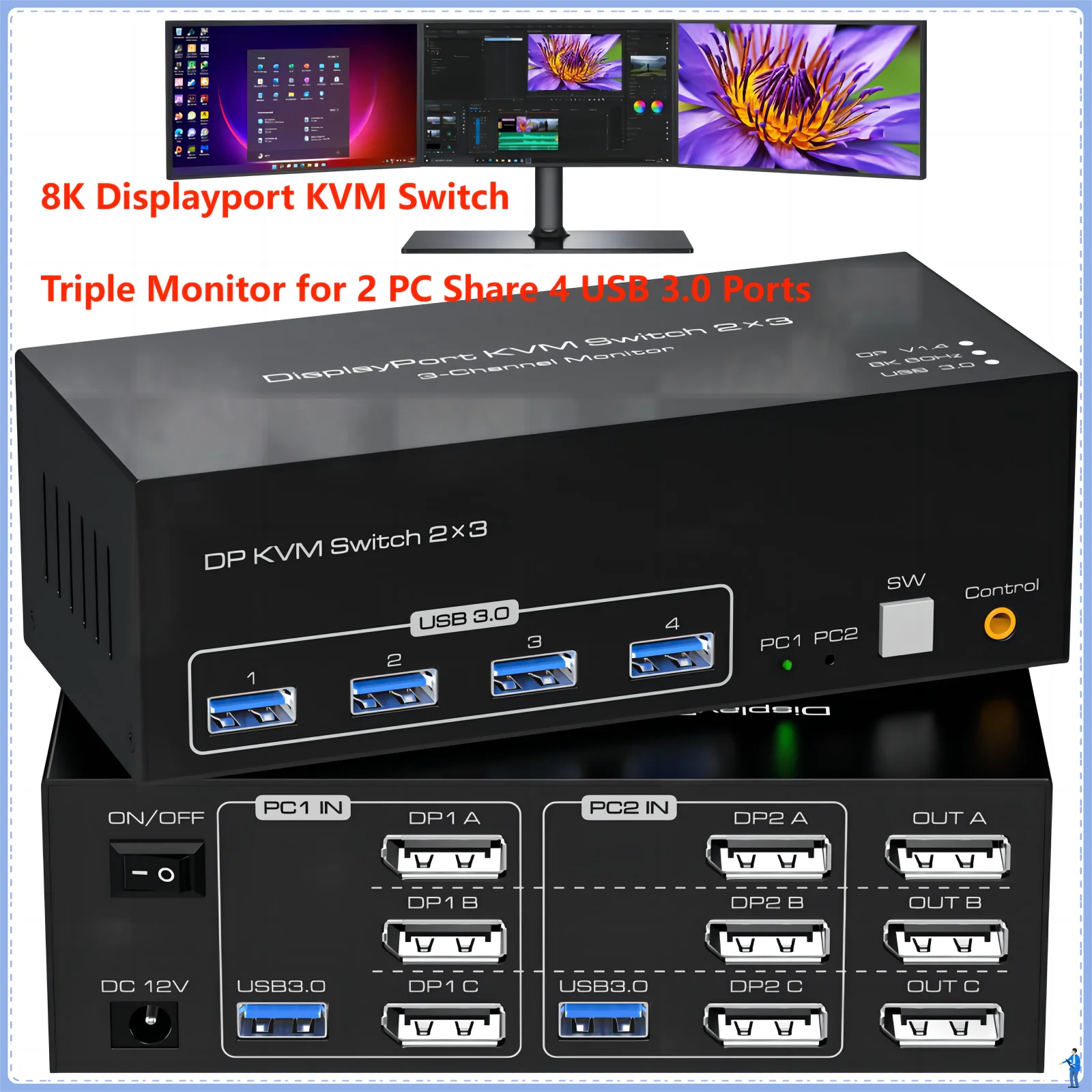 สวิตช์8K KVM 3จอคอมพิวเตอร์2เครื่อง DisplayPort 4K USB 3.0 KVM สวิตช์ DP สวิตช์มอนิเตอร์1.4สำหรับคอมพิวเตอร์2เครื่องพร้อมพอร์ต USB 4พอร์ต