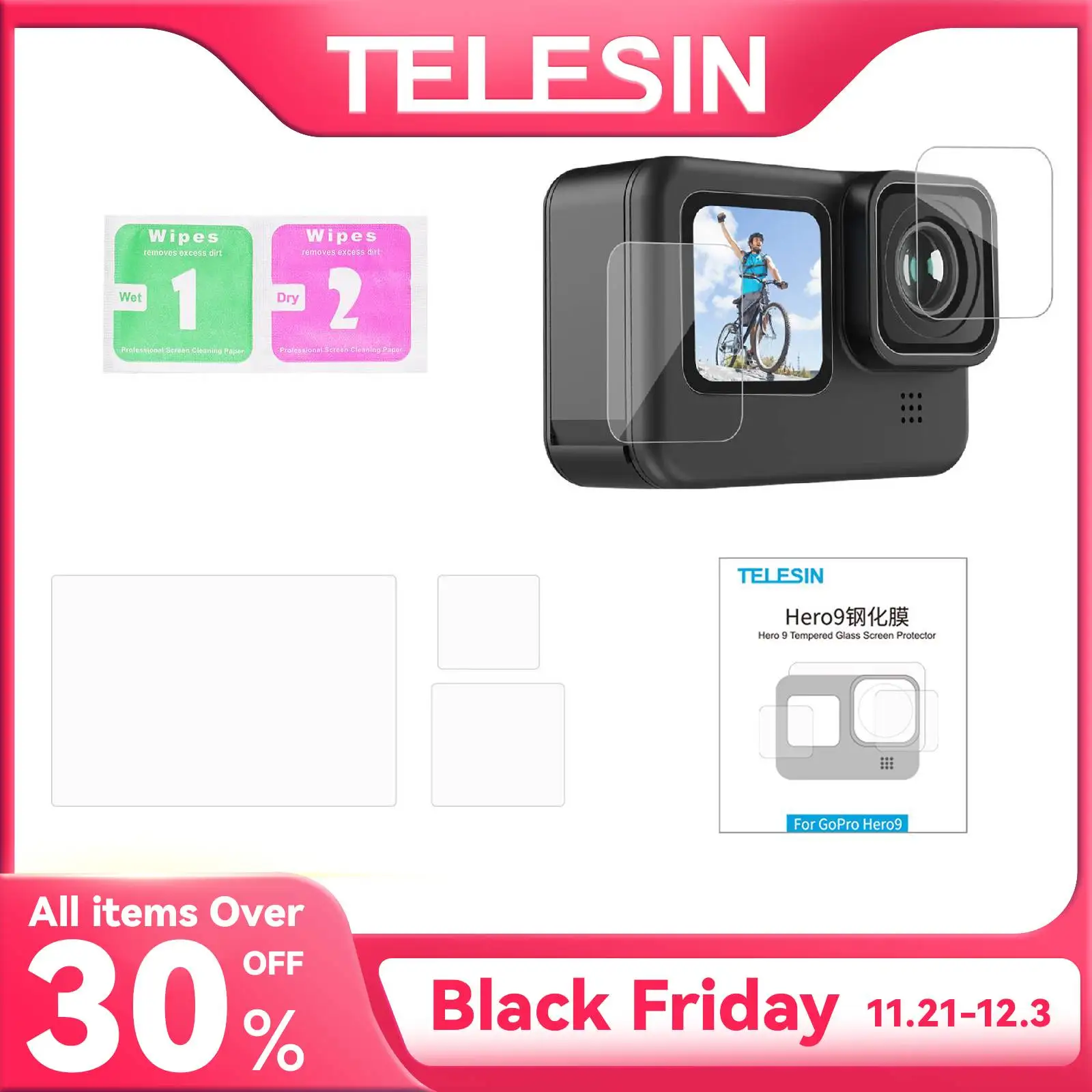 TELESIN Tempered Glass Screen Protector for GoPro Hero 12 11 10 9 Black Lens Protection Protective Film GoPro Accessories