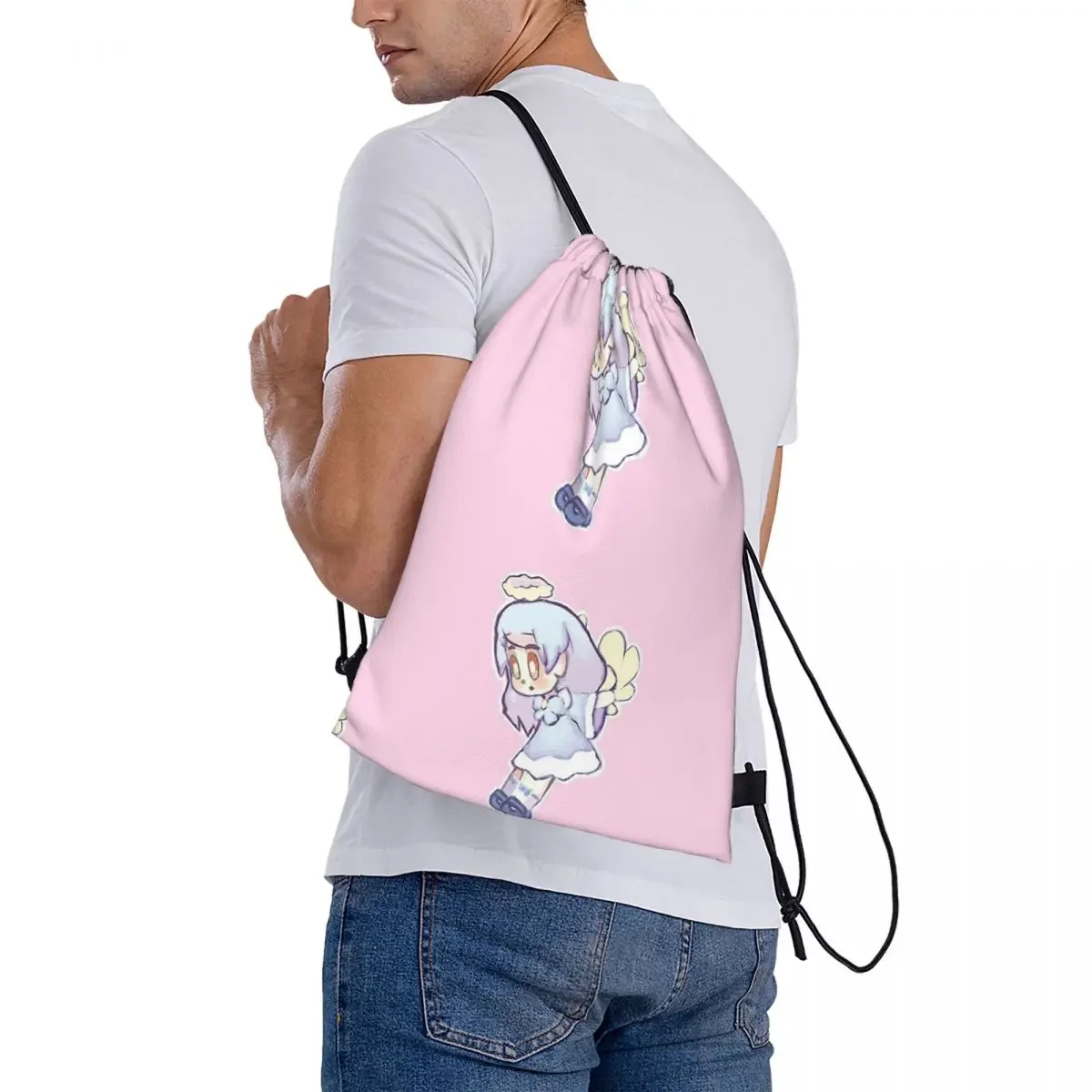 Cute Angel Backpacks Fashion Portable Drawstring Bags Drawstring Bundle Pocket Sports Bag BookBag For Man Woman Students