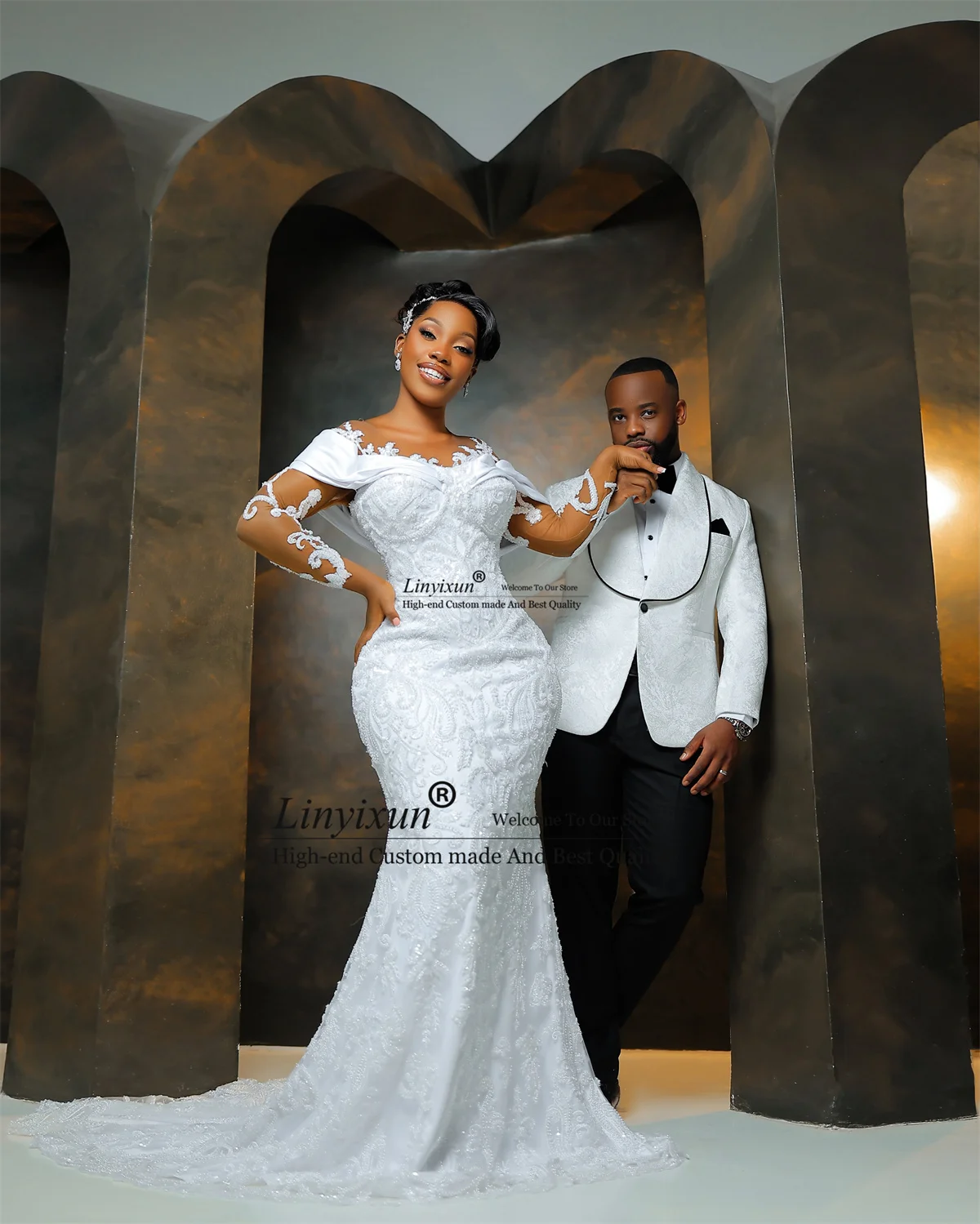 African Sweetheart Lace Mermaid Wedding Dress Off Shoulder Decoration Bridal Dress Long Sleeves Customized Vestido De Novia