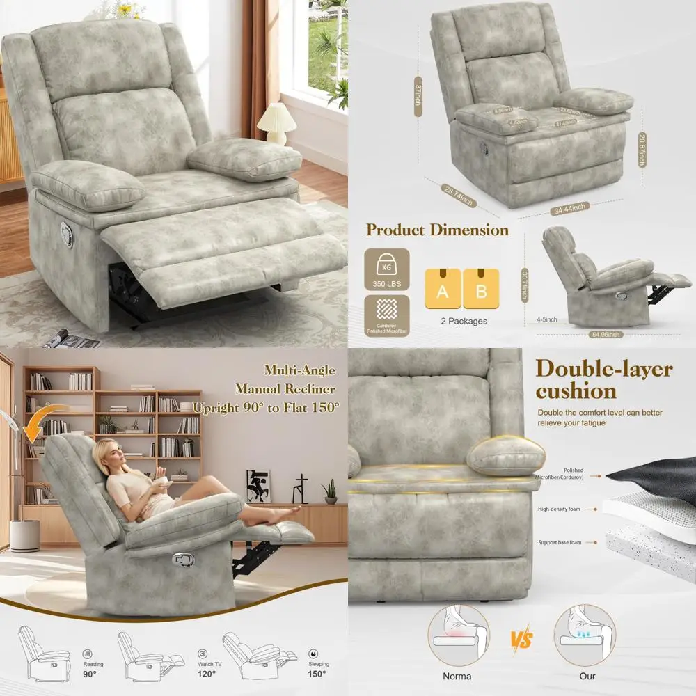 Adult-Sized Reclining Chair with Manual Pull Tab, Oversized Cushions, Minimalist Style Sofa for Living Room