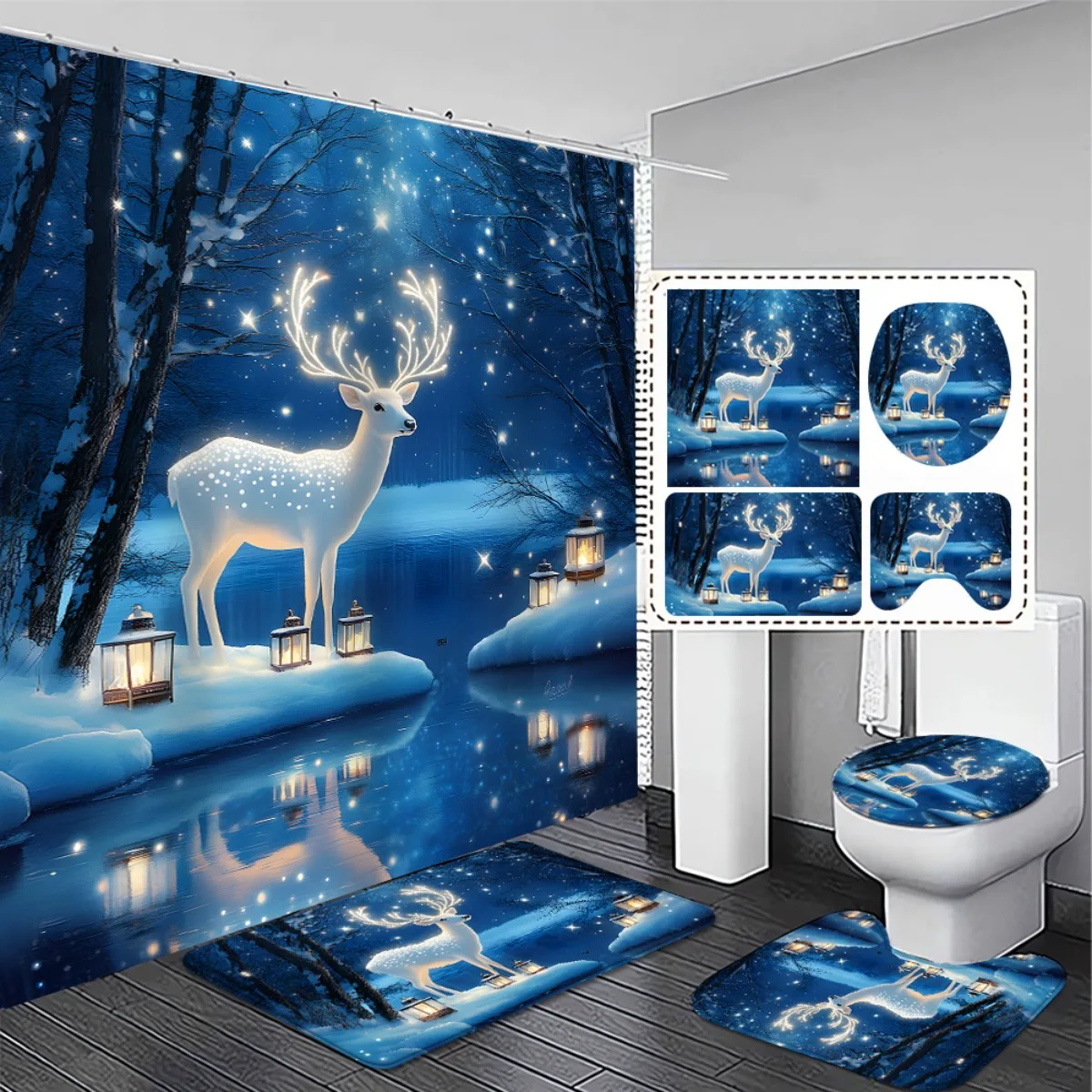 

Набор для ванной комнаты с рождественским оленем из 4 предметов - тканевая занавеска для душа Winter Forest Snowy Woods с нескользящим ковриком для ванной и крышкой для унитаза
