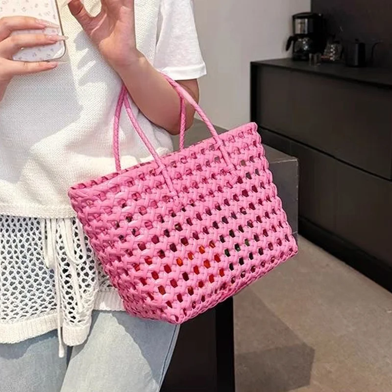 

2026 New Dopaamine Style Handwoven Handheld Basket Bag Pink Hollow out Vacation Vibes Street Trend Large Square Shape Bag