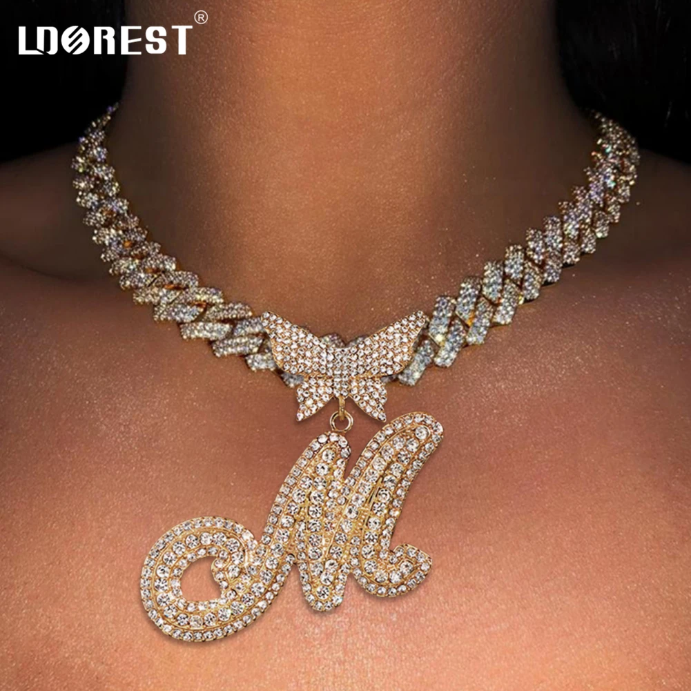 

Fashion Hiphop Prong Cuban Chain Butterfly Letter Pendant Necklace For Women Men Cursive 26 Initials Cuban Necklace Gift Jewelry