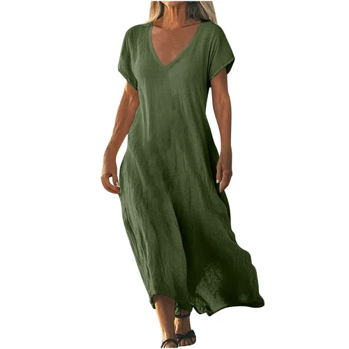 Vestido suelto de lino y algodón, vestido de verano para mujer, vestido de moda de color sólido con cuello en V, vestidos largos de manga corta, ropa de mujer