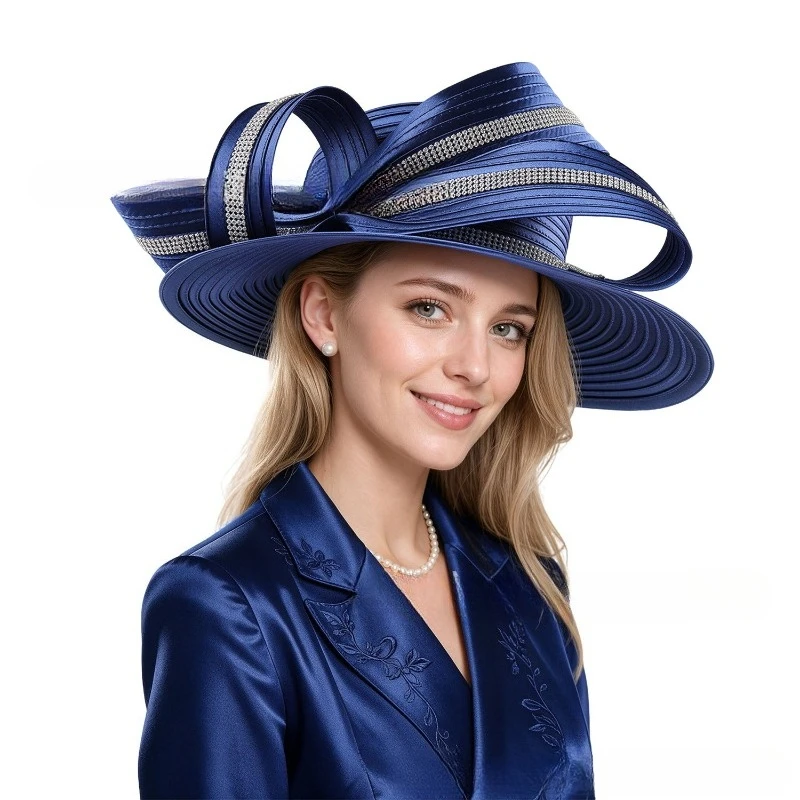 Deluxe New White Church Hat Party Banquet Satin Cloth Photography Hats Premium Chains Formal Hat Flower Top Cap For Women Ladies