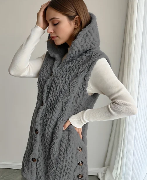 

Women's Solid Color Chunky Knit Textured Fluffy Hooded Front Open Sleeveless Long Casual Plush Vest Hoodie Coat Outerwear ﻿