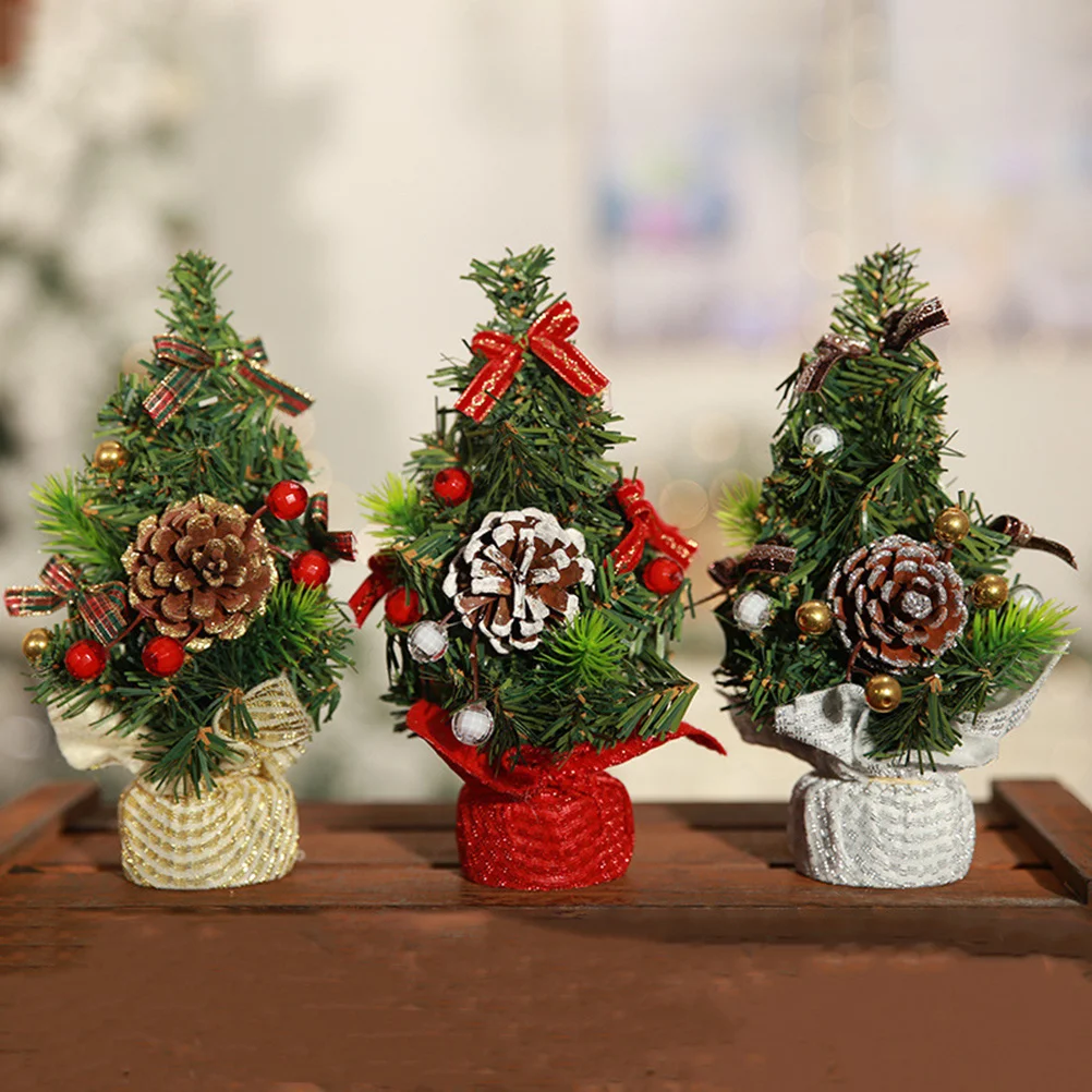 

3pcs Mini Tree Decor With Burlap Base Tabletop Xmas Ornament For Home Party Holiday Desktop Christmas Decorations Small