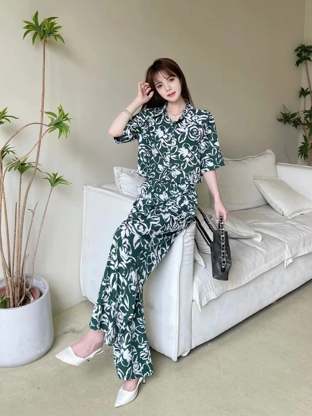 2024 New Spring Summer Women Sweet Florl Long Pants Suits Loose Short Shirt And High Waist Wide Leg Long Pants Two Piece Set