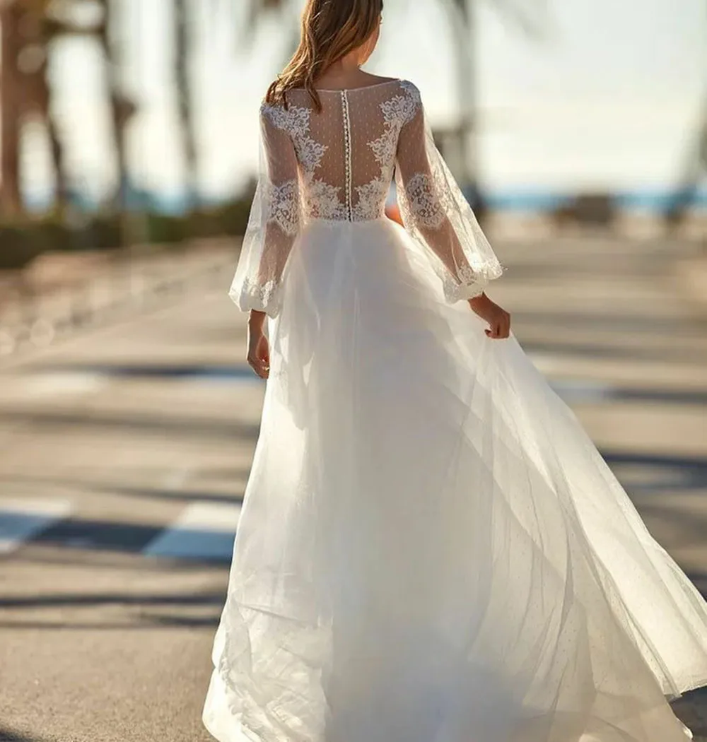 Msikoods abito da sposa Boho 2023 Appliques di pizzo Puff maniche lunghe abito da sposa bohémien Beach Vestidos De Novia