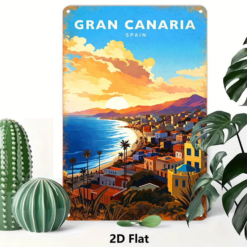 2D Flat, 1pc Gran Canaria Spain Tinplate Painting Wall Art for Living Room Bedroom Hallway Kitchen Decoration Gift for Him or He