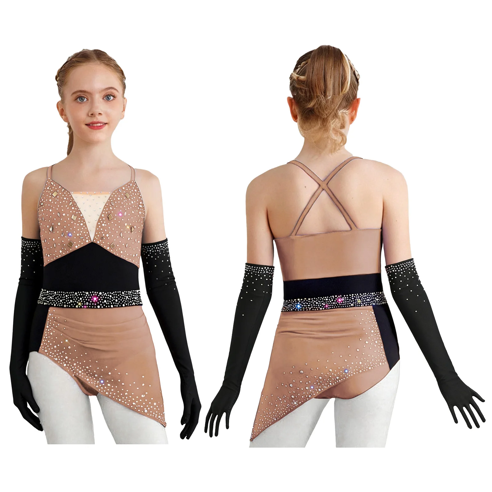 

Kids Latin Salsa Jazz Performance Dance Outfit Girls Cross Back Straps Rhinestone Ruched Asymmetrical Dresses and Mesh Gloves