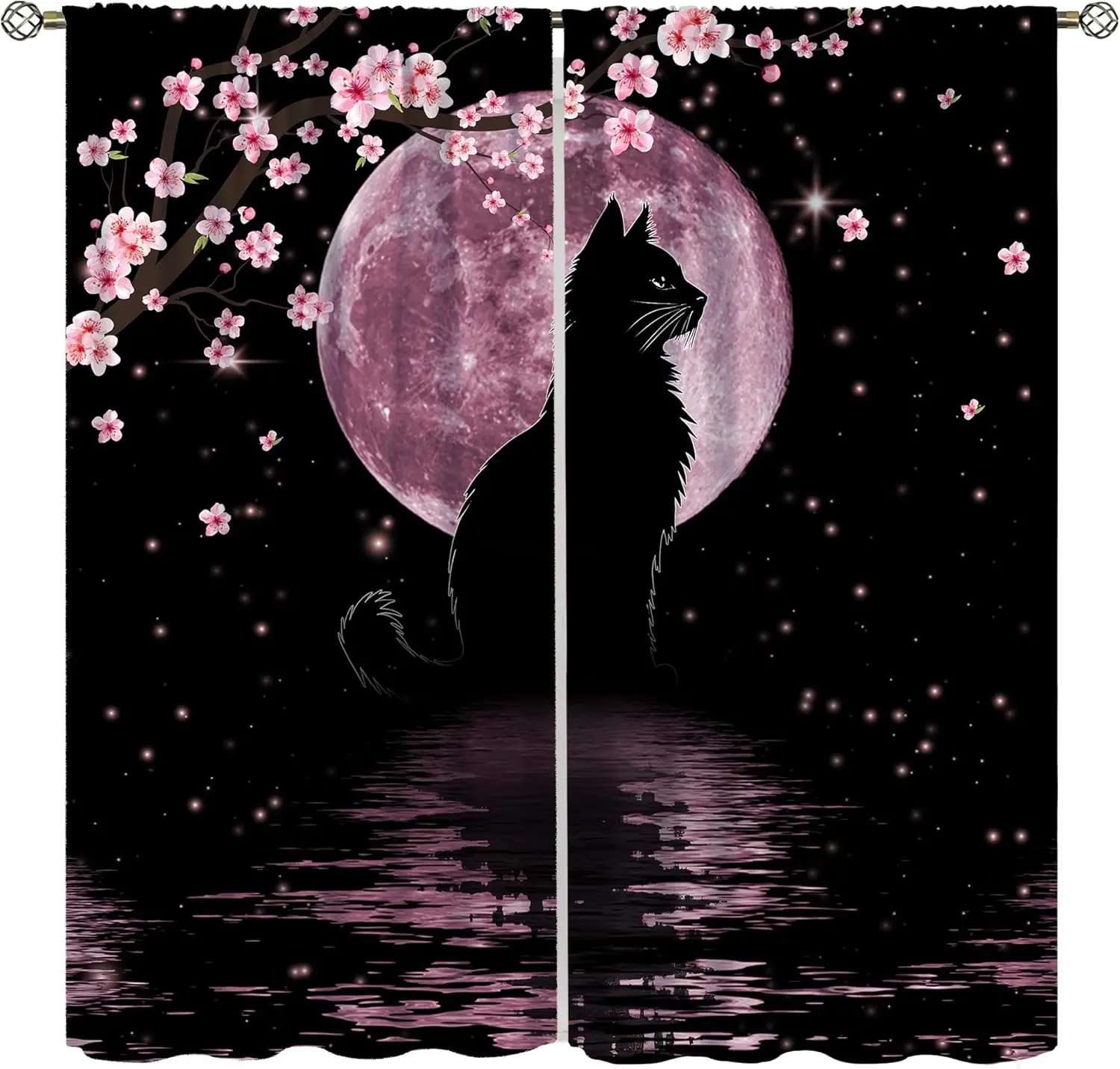 

Asian Cat Curtains for Kitchen Cartoon Cherry Blossom Pink Floral Moon Phase Black Cat Japanese Style Kawaii Cute Print for Kids