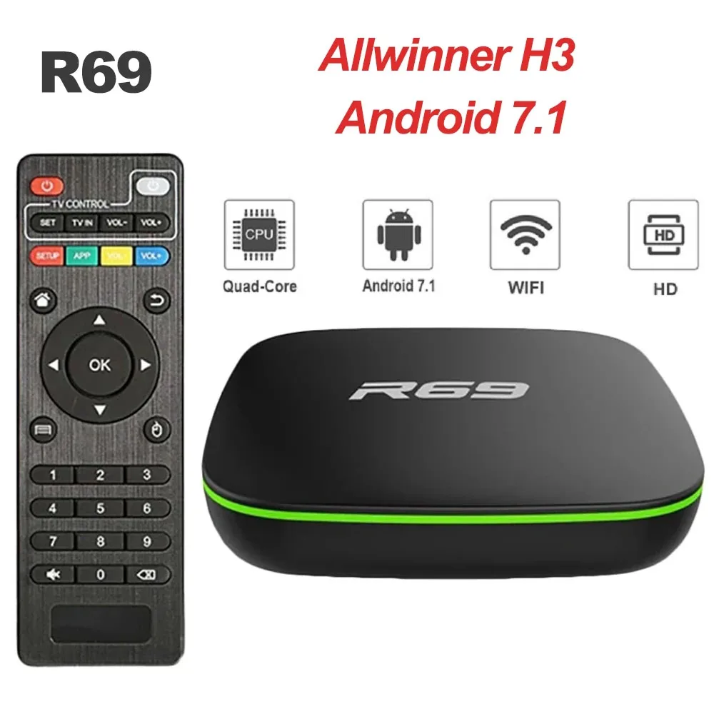 

NEW Smart TV Box R69 Allwinner H3 Android 7.1 Quad-Core 1G8G 2G16G 2.4GHz WiFi 1080P HD Home Smart Set Top Box Media Player