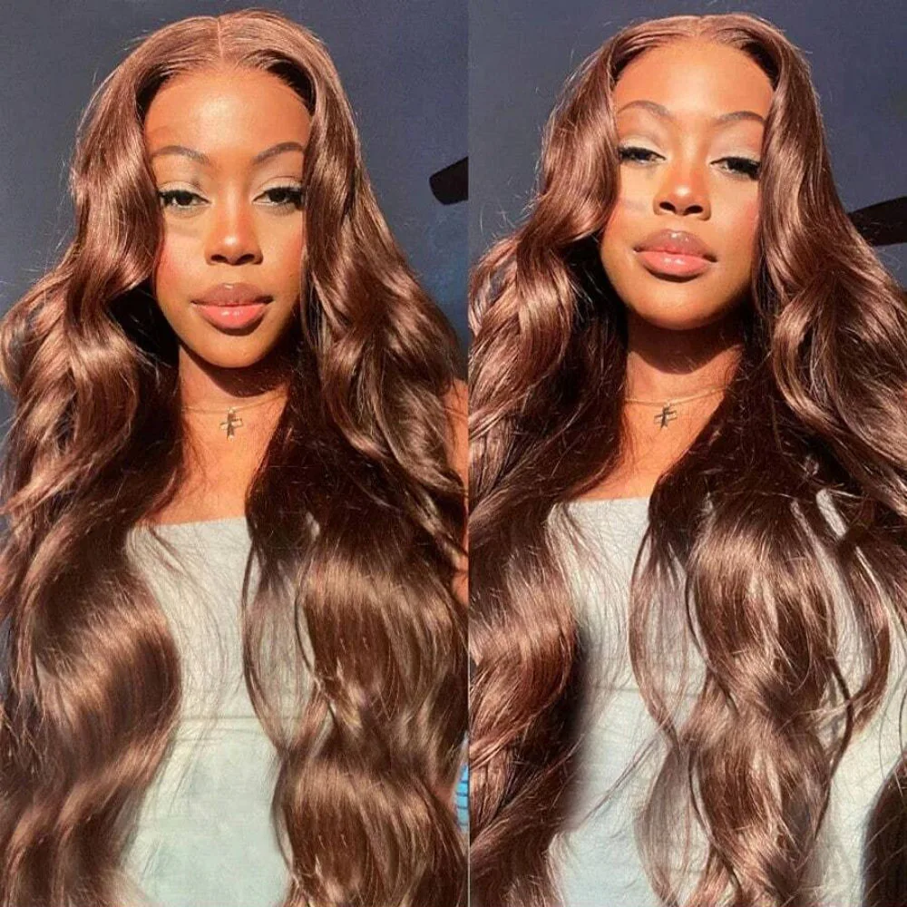 

250 Плотность 13X4 Шоколадно-коричневый Объемная волна Парики фронта шнурка Человеческие волосы HD Прозрачные парики фронта шнурка для женщин 28 дюймов