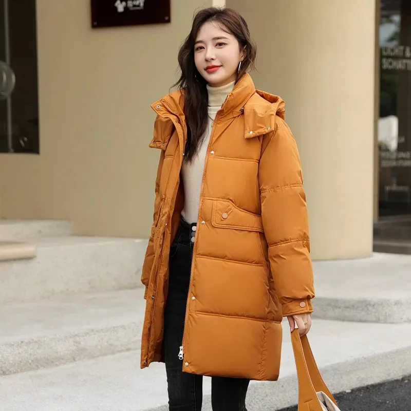 New Winter Women Medium Long Jacket Parkas Female Down Cotton Jackets Solid Hooded Casual Warm Parka Female Outwear Overcoat